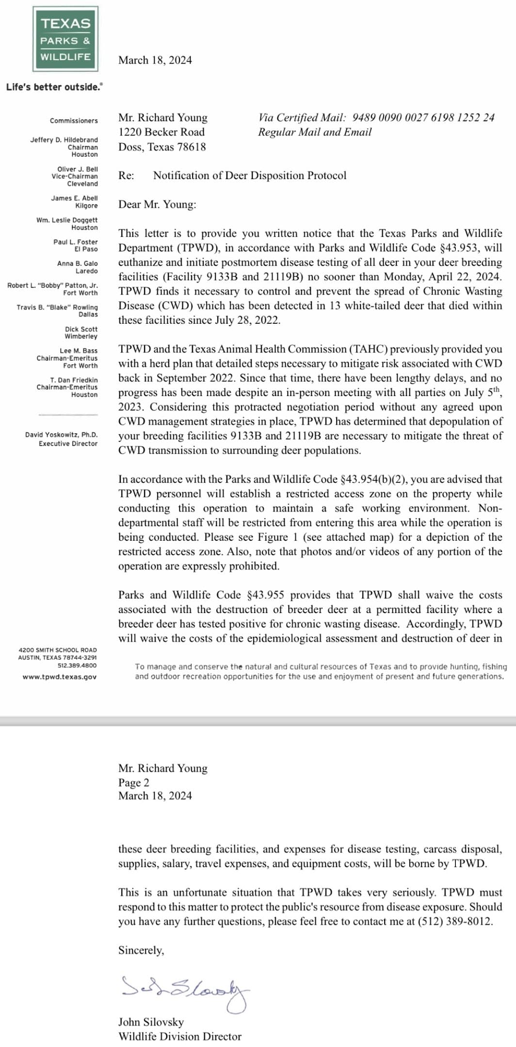 Official TPWD letter to Rick Young regarding deer disposition protocol